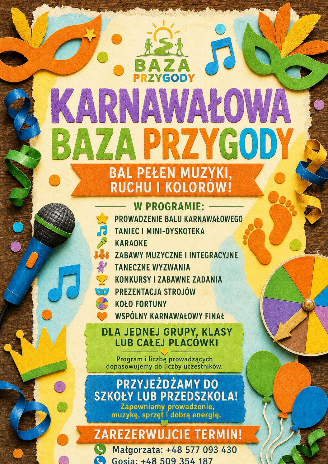 Plakat Karnawałowa Baza Przygody – bal pełen muzyki, ruchu i kolorów