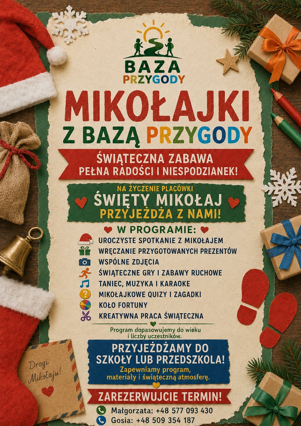 Plakat Mikołajki z Bazą Przygody – świąteczna zabawa w szkole lub przedszkolu