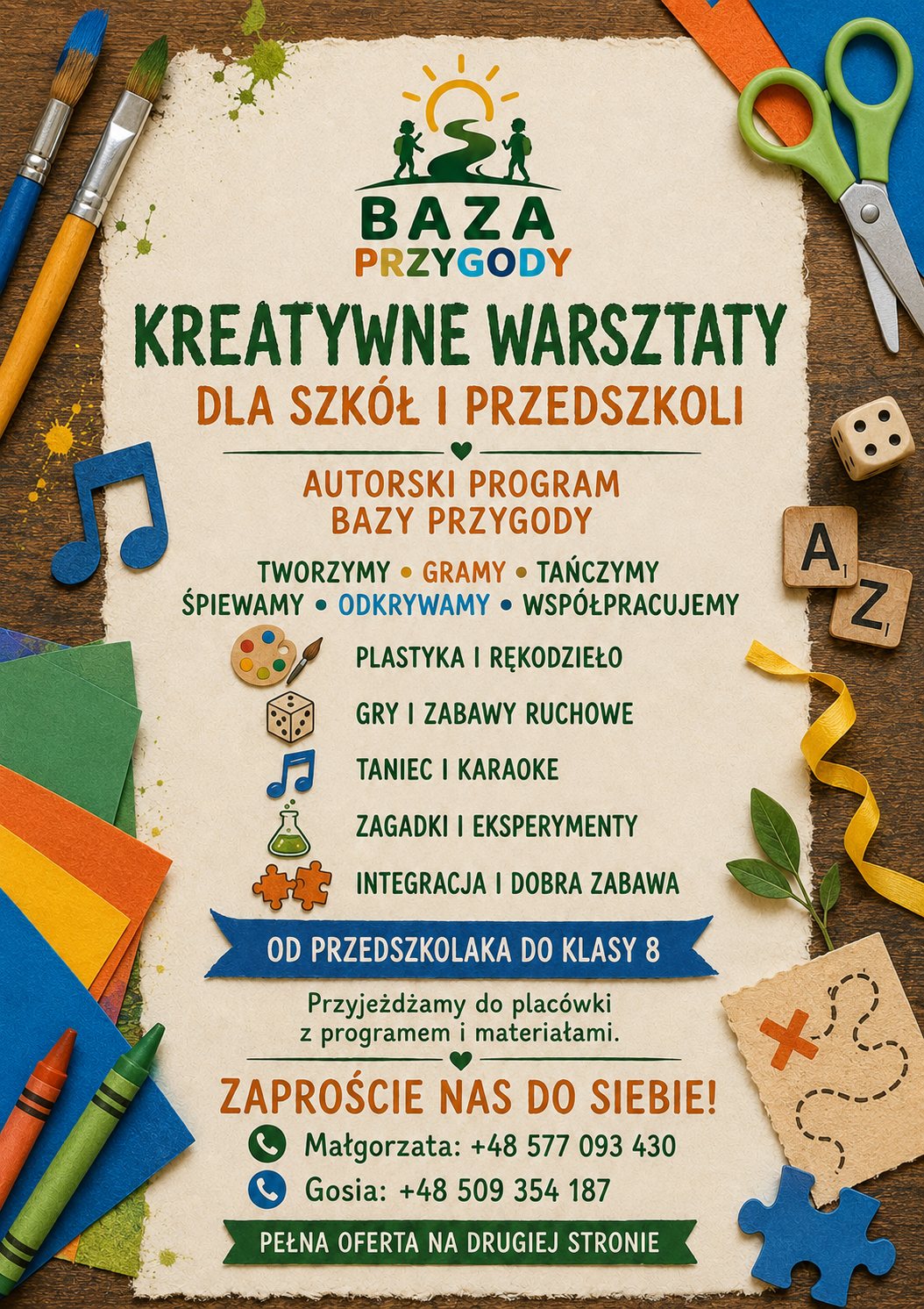Ulotka Kreatywne warsztaty dla szkół i przedszkoli – przód