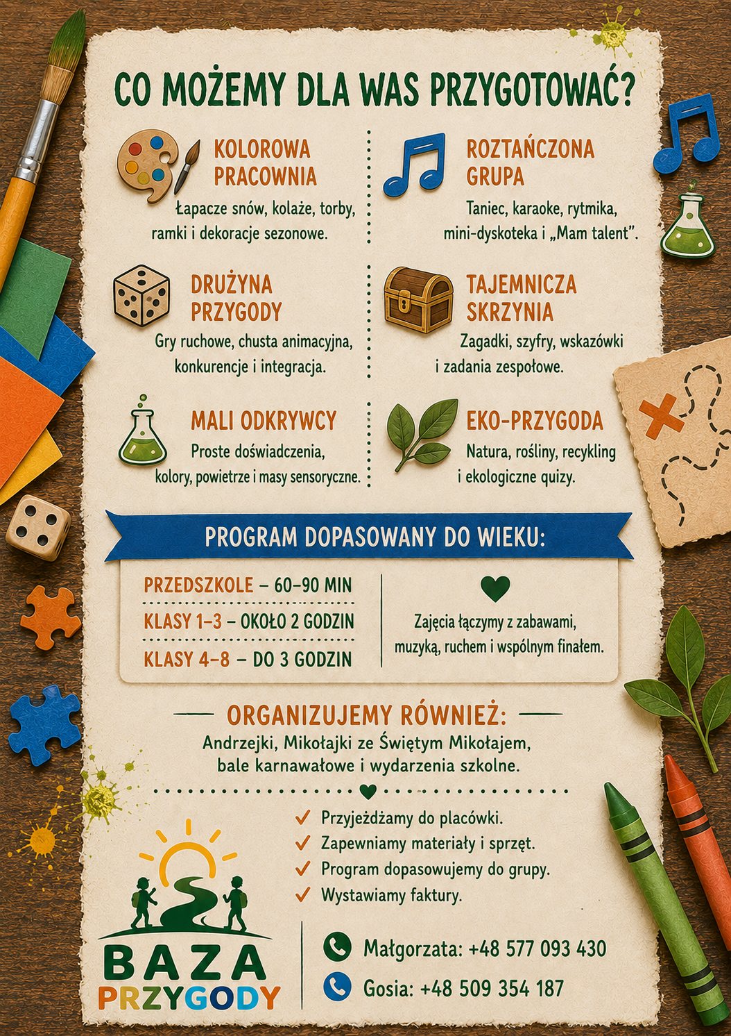 Ulotka Kreatywne warsztaty dla szkół i przedszkoli – tył: co możemy przygotować